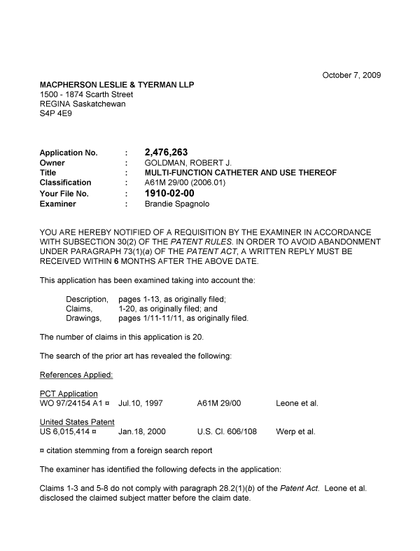 Canadian Patent Document 2476263. Prosecution-Amendment 20091007. Image 1 of 3