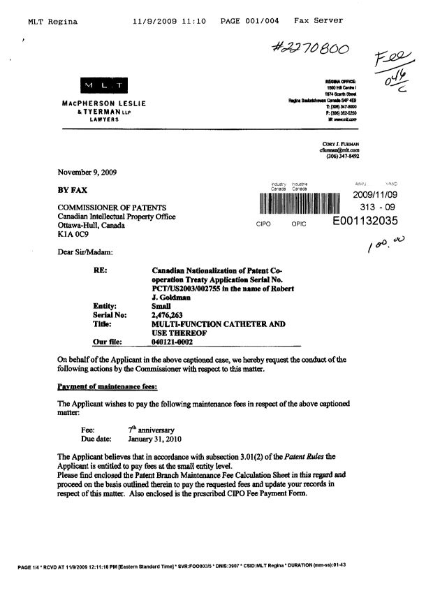 Document de brevet canadien 2476263. Correspondance 20091109. Image 1 de 2