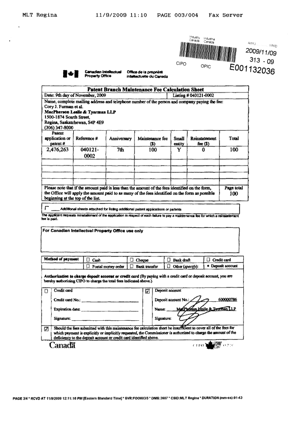 Canadian Patent Document 2476263. Fees 20091109. Image 3 of 3