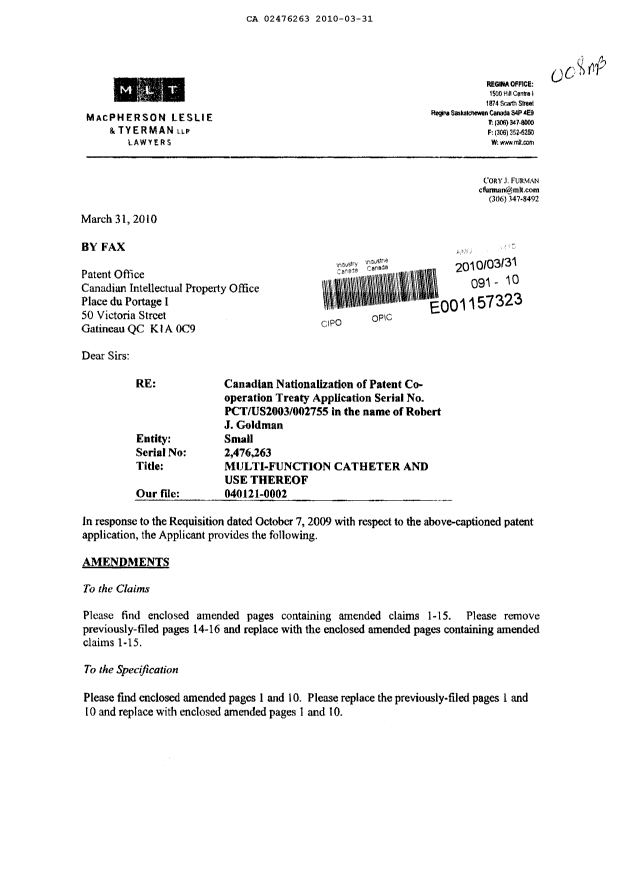 Document de brevet canadien 2476263. Poursuite-Amendment 20100331. Image 1 de 9