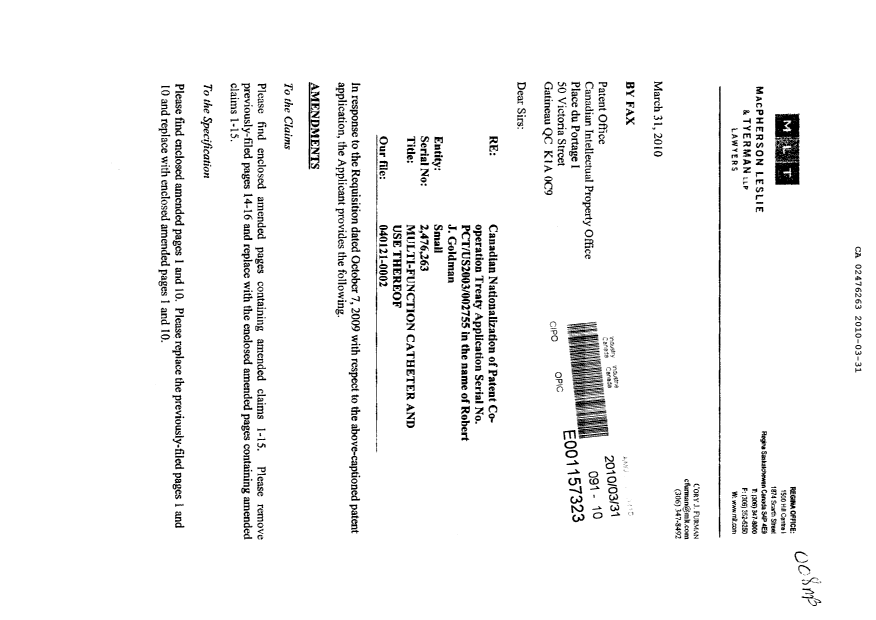 Canadian Patent Document 2476263. Prosecution-Amendment 20100331. Image 1 of 9