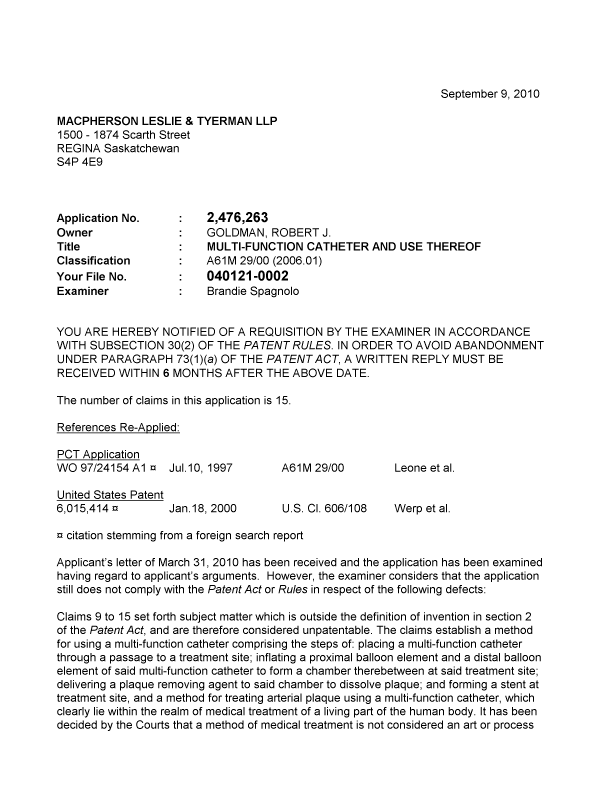 Canadian Patent Document 2476263. Prosecution-Amendment 20100909. Image 1 of 3