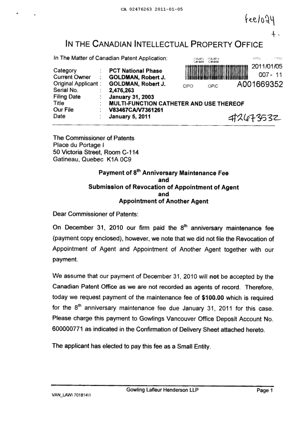 Document de brevet canadien 2476263. Correspondance 20110105. Image 1 de 3