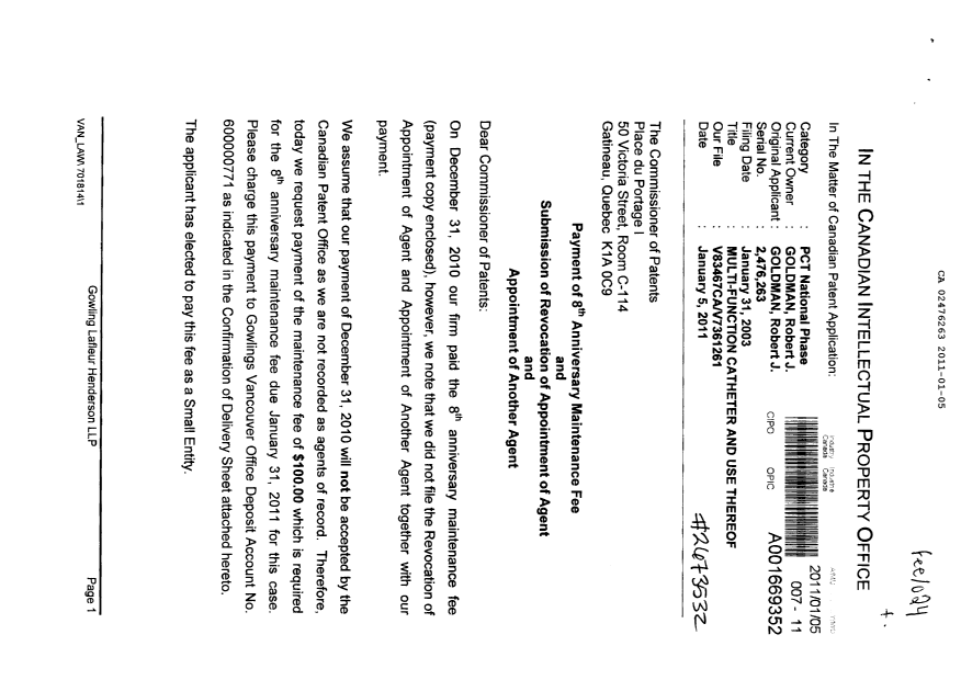 Canadian Patent Document 2476263. Fees 20110105. Image 1 of 4