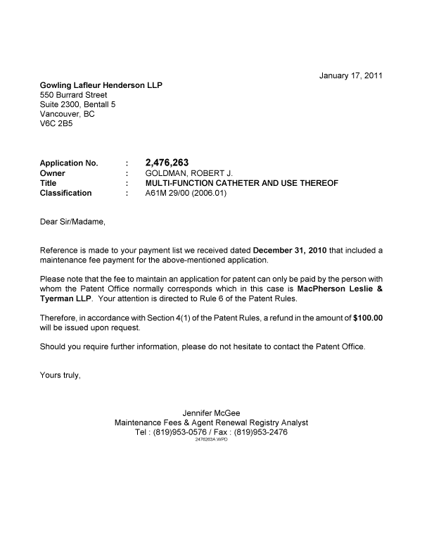 Canadian Patent Document 2476263. Correspondence 20110117. Image 1 of 1