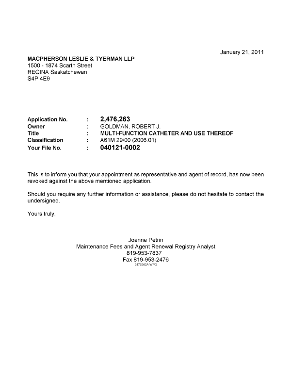Document de brevet canadien 2476263. Correspondance 20110121. Image 1 de 1