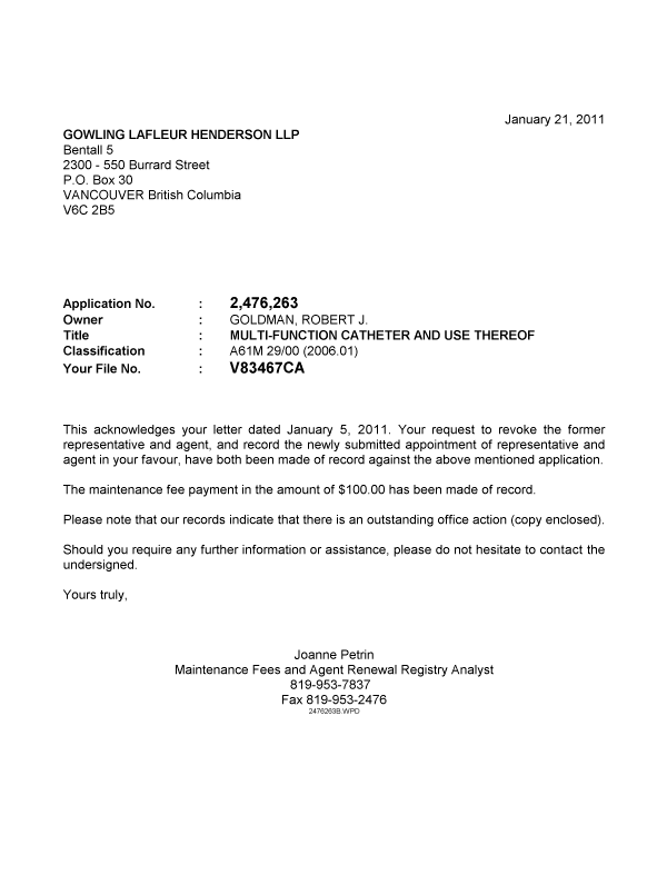 Document de brevet canadien 2476263. Correspondance 20110121. Image 1 de 1