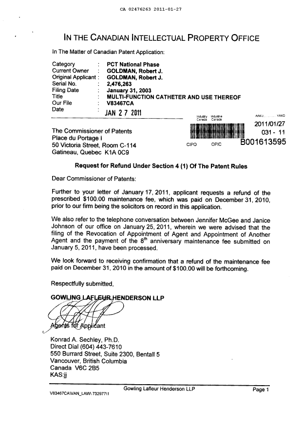 Document de brevet canadien 2476263. Correspondance 20110127. Image 1 de 1