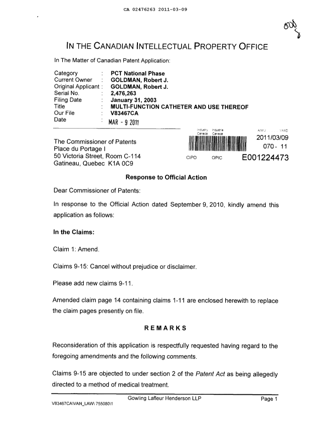 Document de brevet canadien 2476263. Poursuite-Amendment 20110309. Image 1 de 6