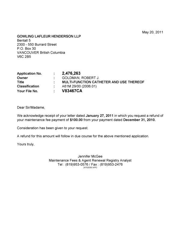 Document de brevet canadien 2476263. Correspondance 20110520. Image 1 de 1
