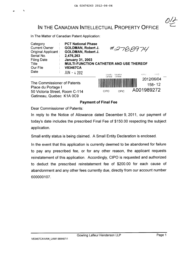 Document de brevet canadien 2476263. Correspondance 20120604. Image 1 de 3