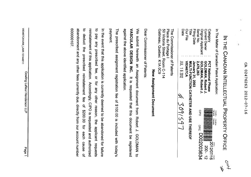 Canadian Patent Document 2476263. Assignment 20120716. Image 1 of 4