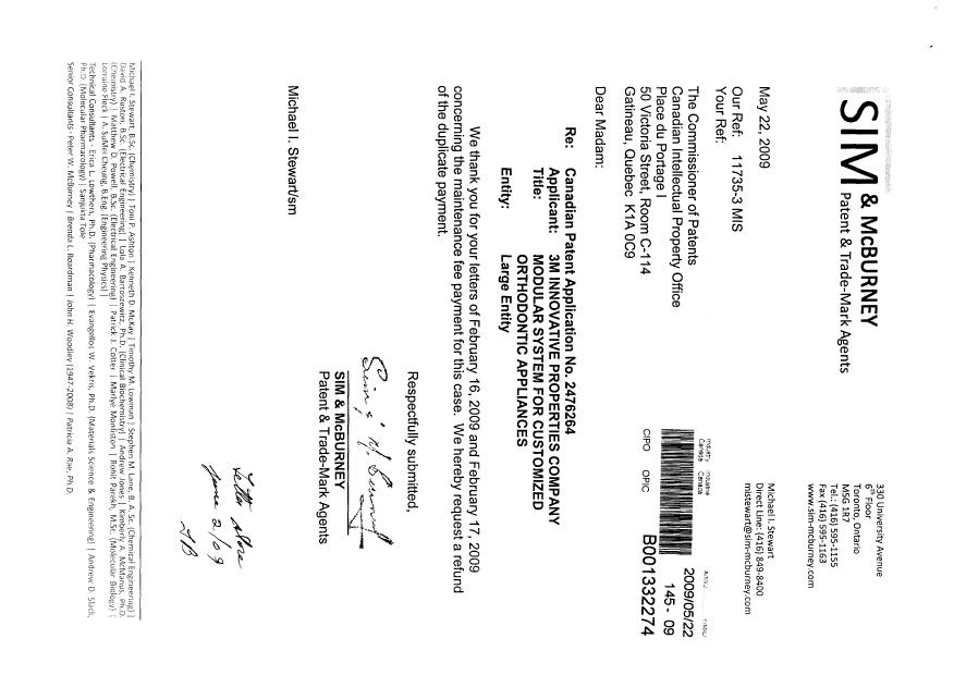 Document de brevet canadien 2476264. Taxes 20090522. Image 1 de 3