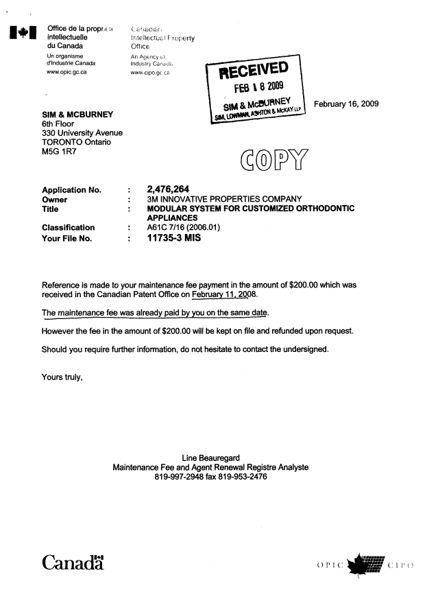 Document de brevet canadien 2476264. Taxes 20090522. Image 2 de 3