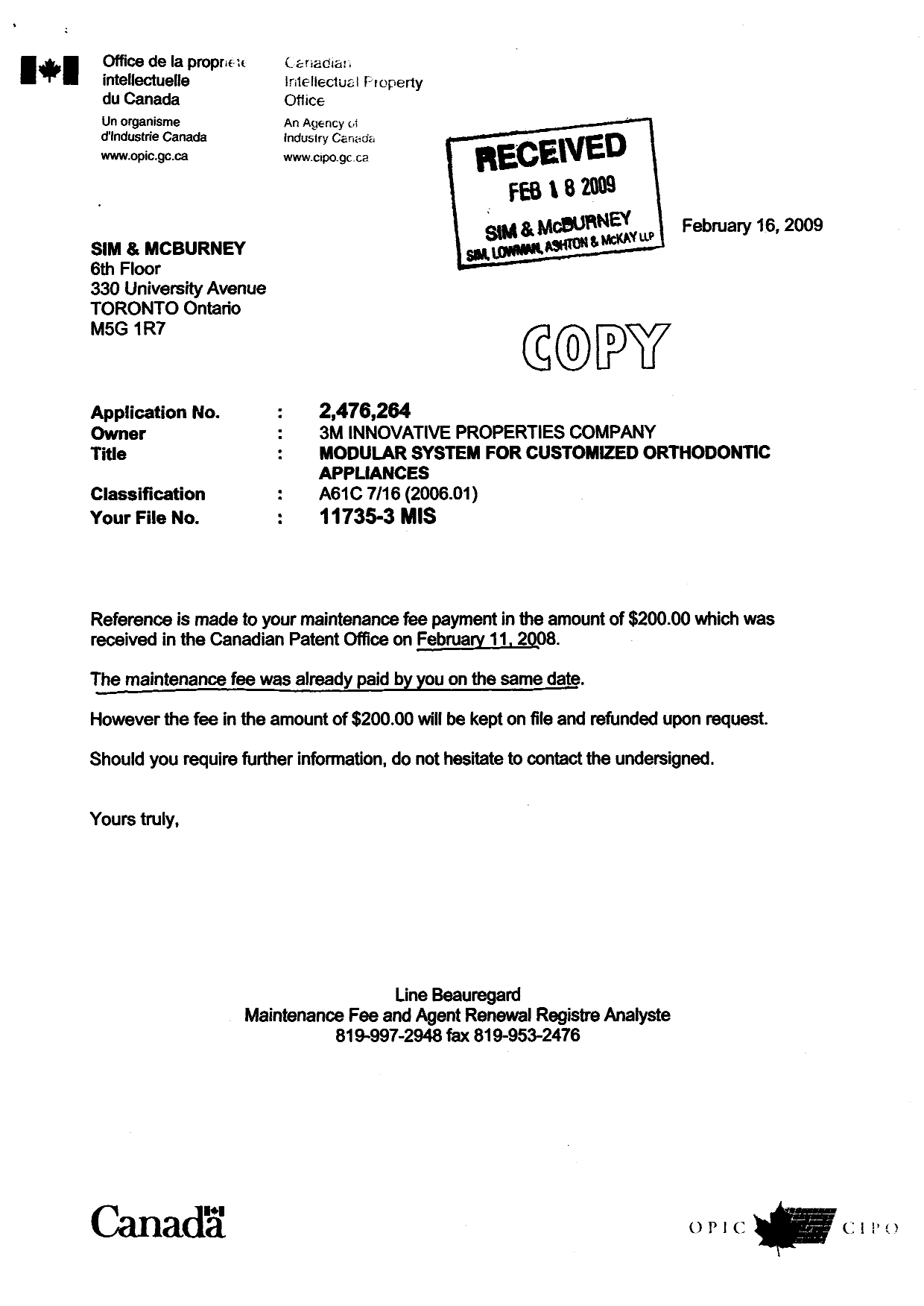Canadian Patent Document 2476264. Fees 20090522. Image 2 of 3