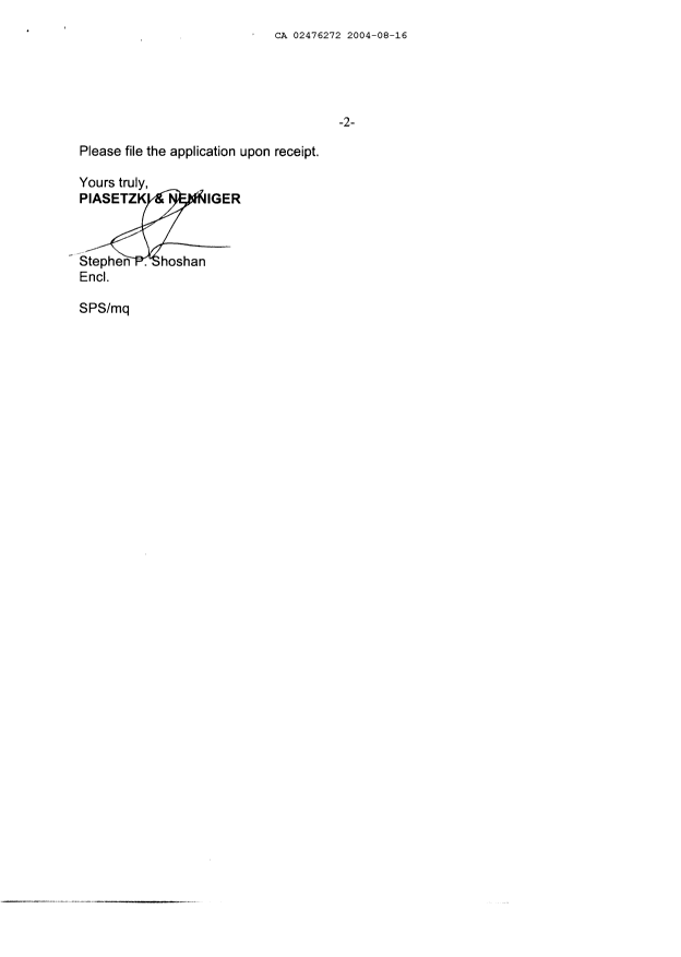 Document de brevet canadien 2476272. Cession 20040816. Image 2 de 13