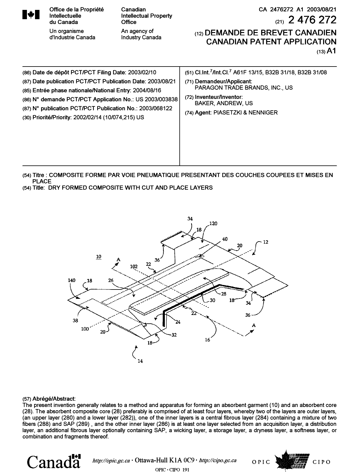 Document de brevet canadien 2476272. Page couverture 20041025. Image 1 de 1