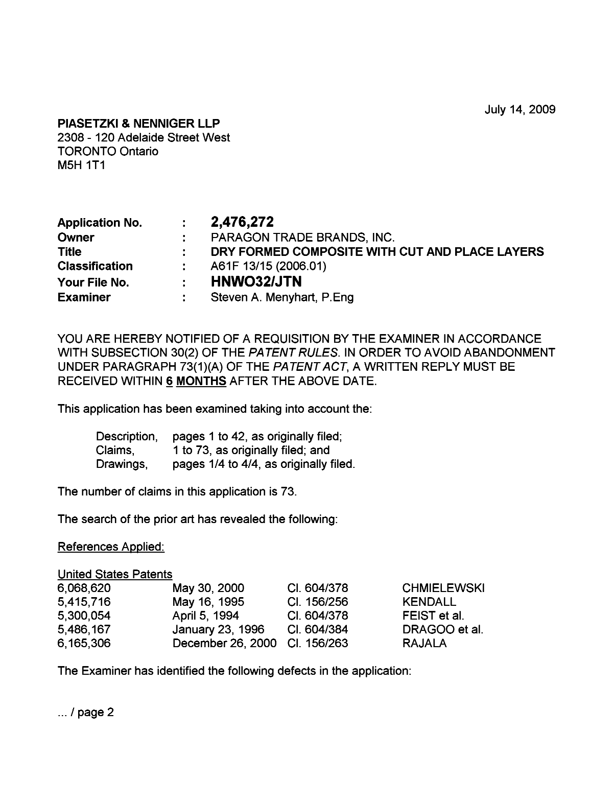 Document de brevet canadien 2476272. Poursuite-Amendment 20090714. Image 1 de 3
