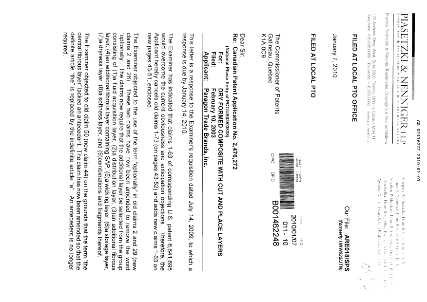 Document de brevet canadien 2476272. Poursuite-Amendment 20100107. Image 1 de 20