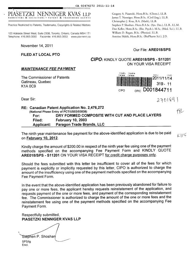 Canadian Patent Document 2476272. Fees 20111114. Image 1 of 1