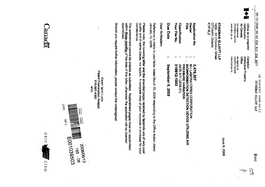 Document de brevet canadien 2476307. Poursuite-Amendment 20080613. Image 1 de 5