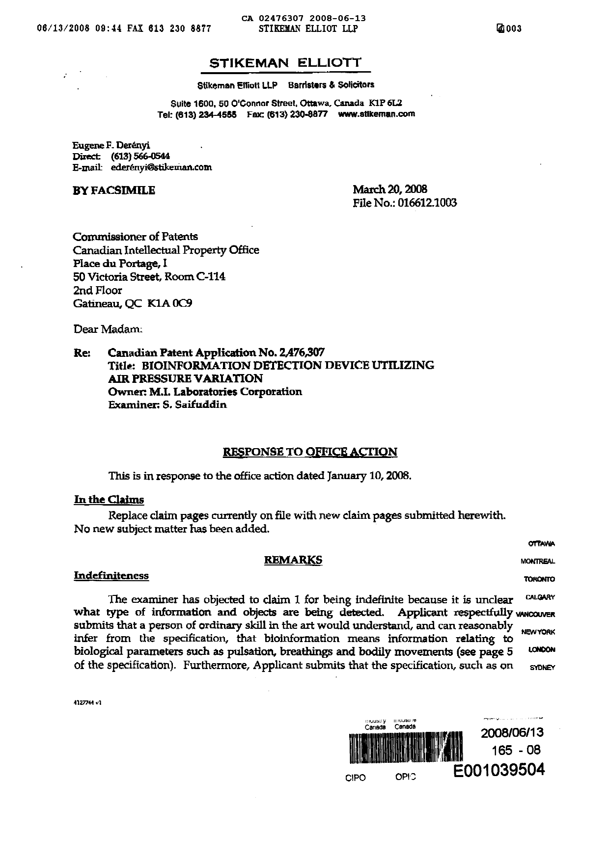 Canadian Patent Document 2476307. Prosecution-Amendment 20080613. Image 2 of 5