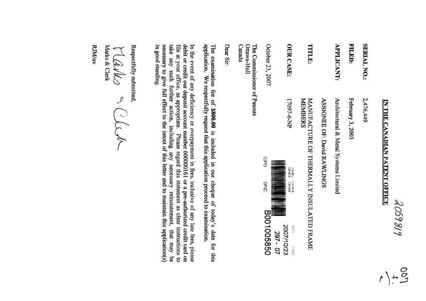 Document de brevet canadien 2476449. Poursuite-Amendment 20071023. Image 1 de 1
