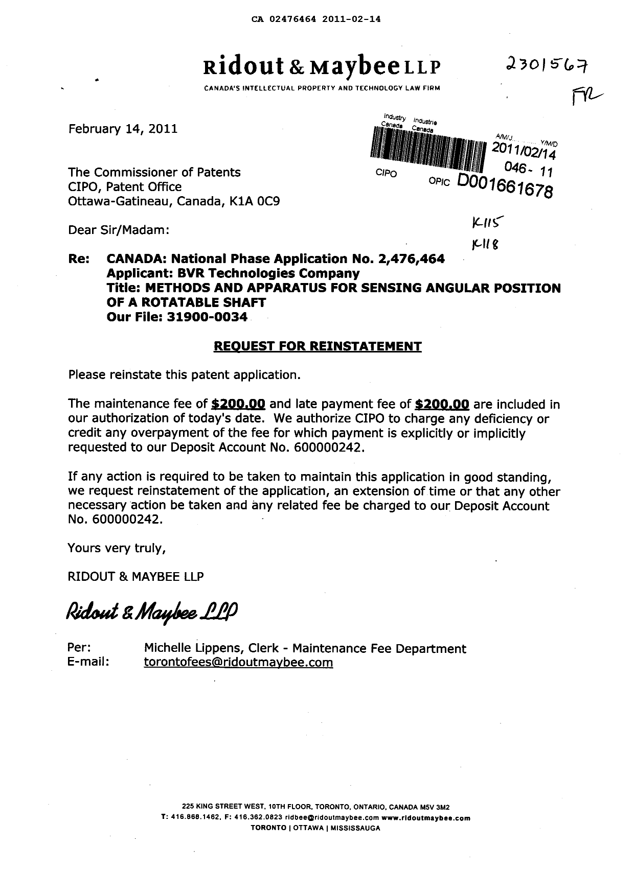 Document de brevet canadien 2476464. Taxes 20110214. Image 1 de 1