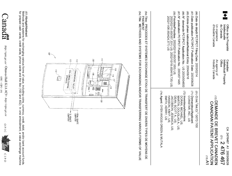 Canadian Patent Document 2476467. Cover Page 20041112. Image 1 of 2