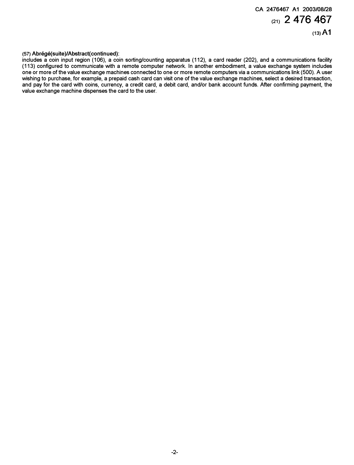 Document de brevet canadien 2476467. Page couverture 20041112. Image 2 de 2