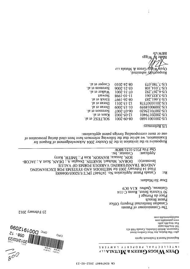 Canadian Patent Document 2476467. Prosecution-Amendment 20111223. Image 1 of 1