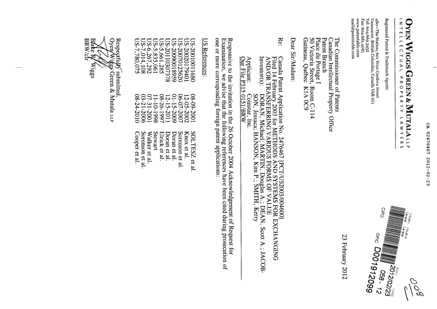 Document de brevet canadien 2476467. Poursuite-Amendment 20111223. Image 1 de 1