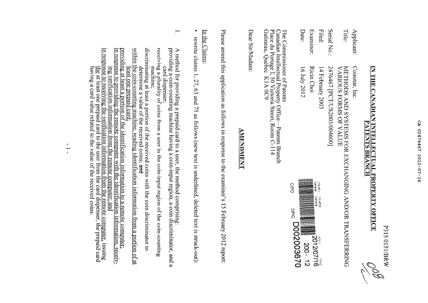 Canadian Patent Document 2476467. Prosecution-Amendment 20120716. Image 1 of 31