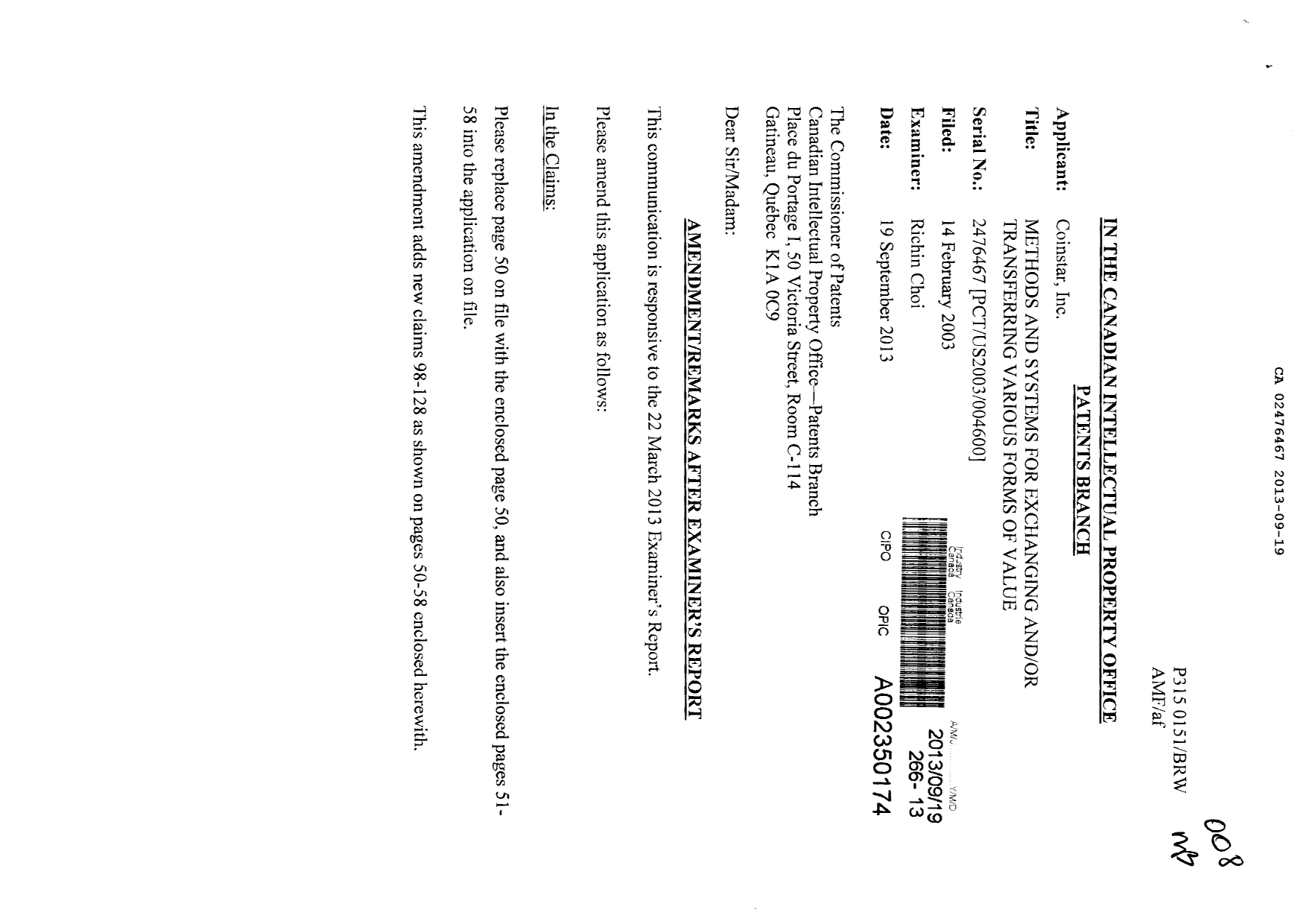 Document de brevet canadien 2476467. Poursuite-Amendment 20121219. Image 1 de 30