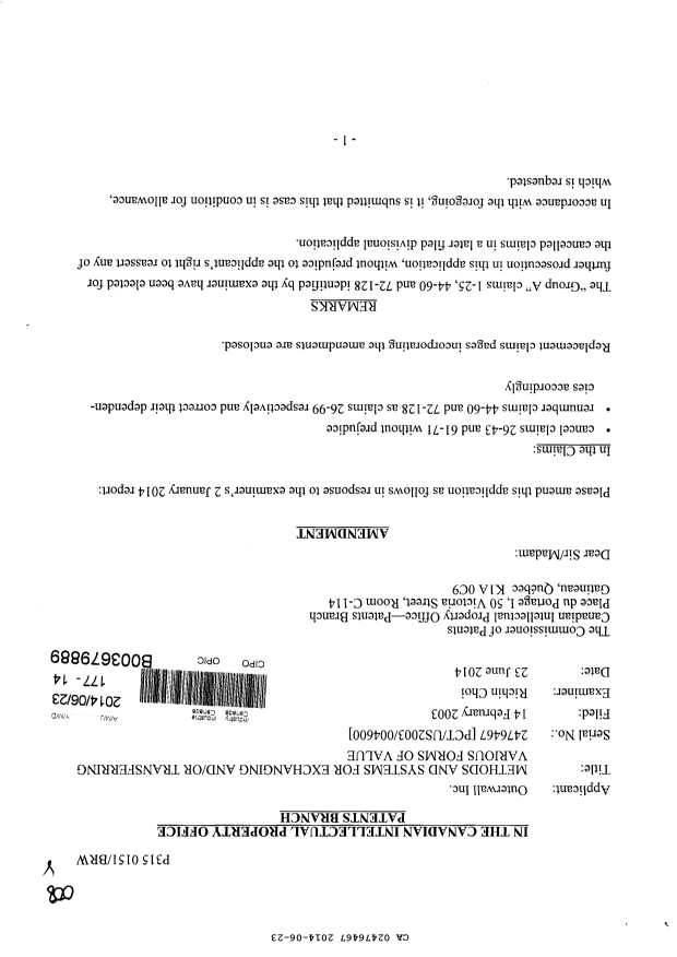 Canadian Patent Document 2476467. Prosecution-Amendment 20131223. Image 1 of 28