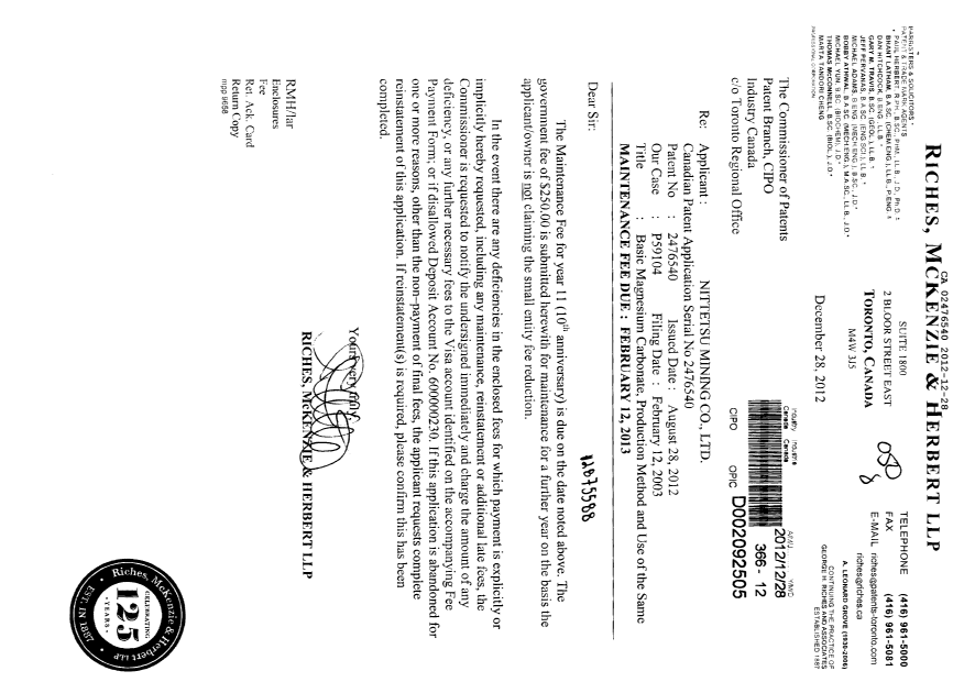 Document de brevet canadien 2476540. Taxes 20121228. Image 1 de 1
