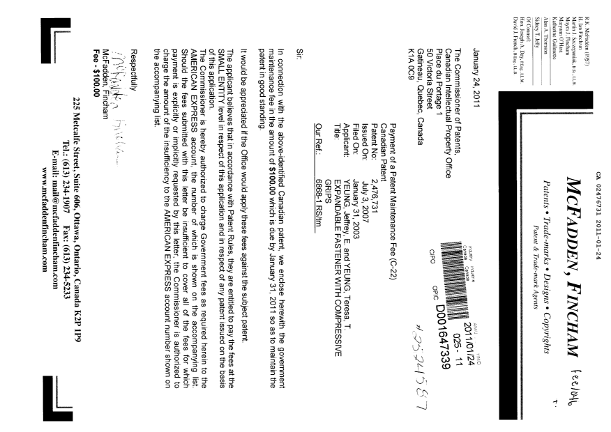 Document de brevet canadien 2476731. Taxes 20110124. Image 1 de 1