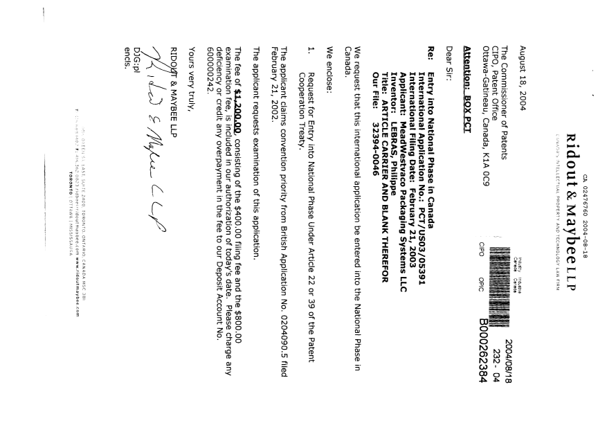 Document de brevet canadien 2476760. Cession 20040818. Image 1 de 3