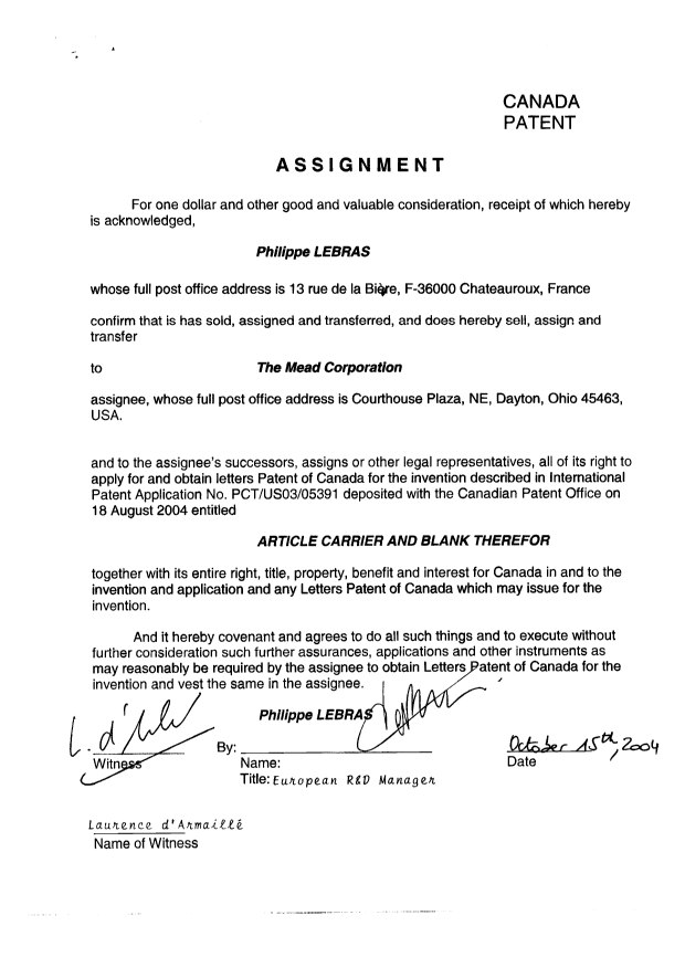 Document de brevet canadien 2476760. Cession 20041104. Image 2 de 7