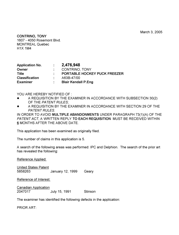 Canadian Patent Document 2476948. Prosecution-Amendment 20050303. Image 1 of 3