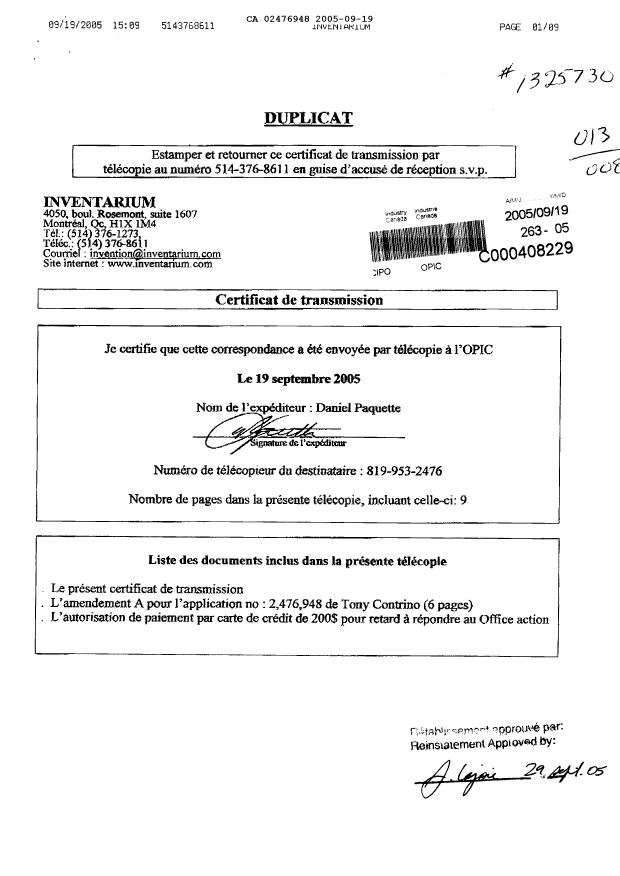 Canadian Patent Document 2476948. Prosecution-Amendment 20050919. Image 1 of 8