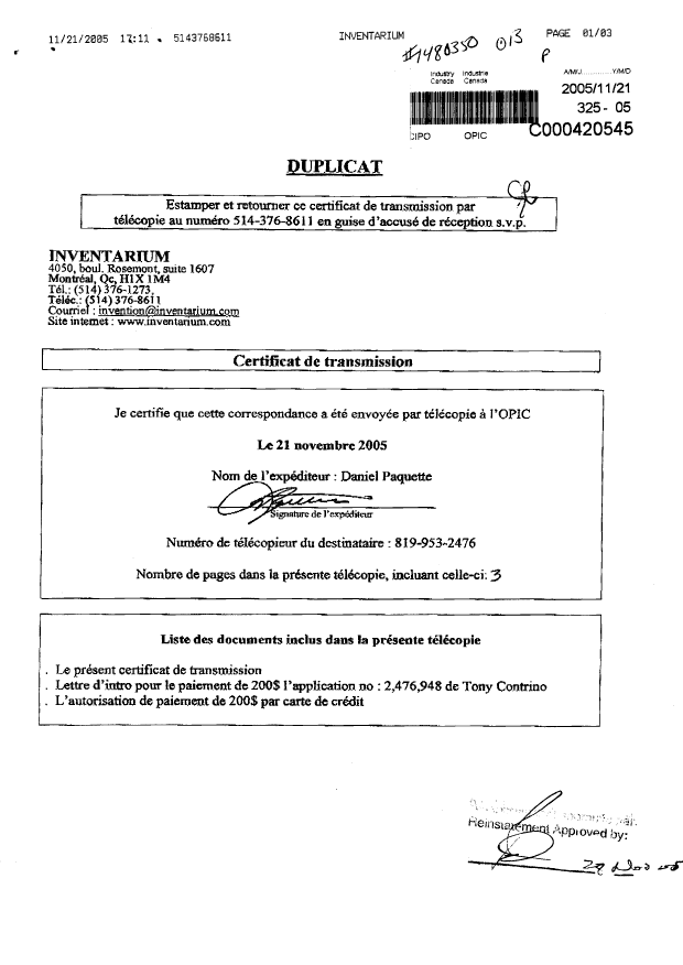 Canadian Patent Document 2476948. Prosecution-Amendment 20051121. Image 1 of 2