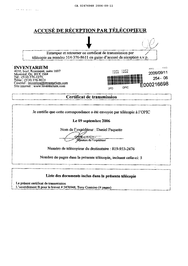 Document de brevet canadien 2476948. Poursuite-Amendment 20060911. Image 5 de 5