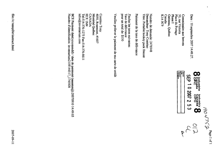 Document de brevet canadien 2476948. Correspondance 20070910. Image 1 de 1