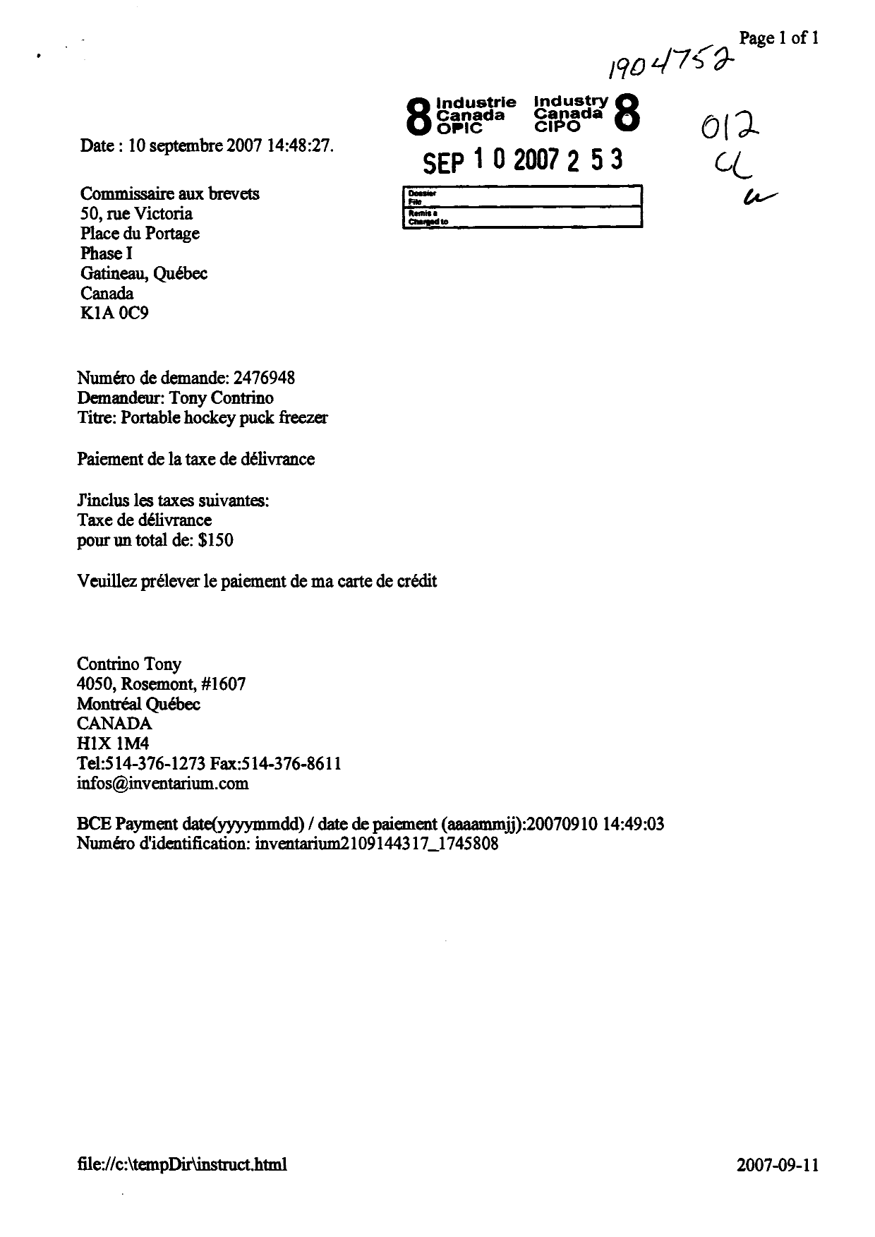 Document de brevet canadien 2476948. Correspondance 20070910. Image 1 de 1