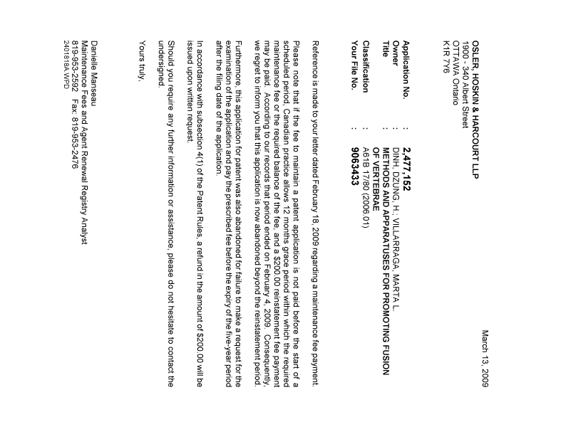 Canadian Patent Document 2477152. Correspondence 20090313. Image 1 of 1