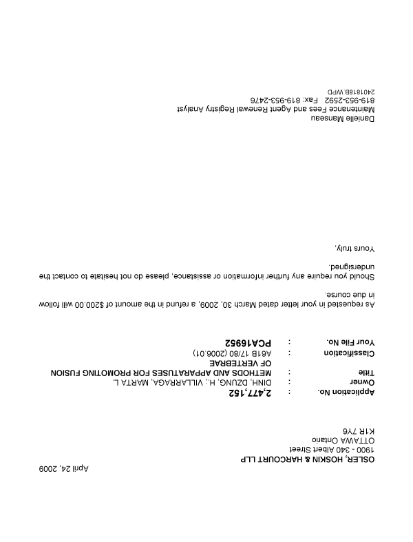 Canadian Patent Document 2477152. Correspondence 20090424. Image 1 of 1