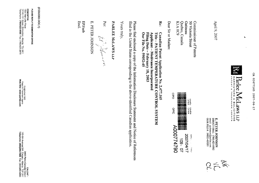 Canadian Patent Document 2477165. Prosecution-Amendment 20070417. Image 1 of 1