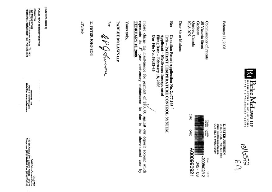 Canadian Patent Document 2477165. Fees 20080212. Image 1 of 1