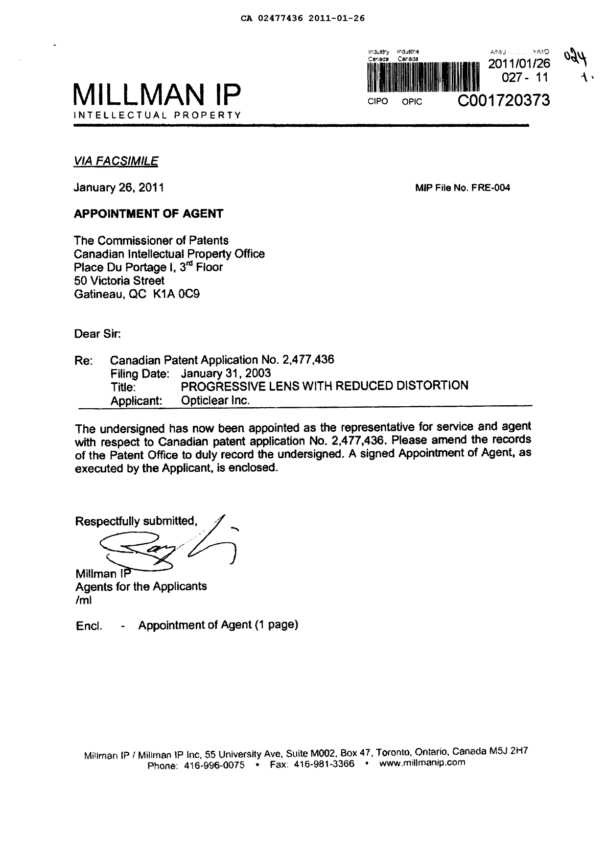 Document de brevet canadien 2477436. Correspondance 20110126. Image 1 de 3